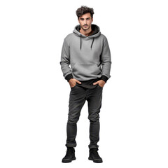 A man wearing a gray hoodie and black pants. isolated on transparent background