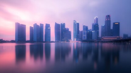 Fototapeta premium Cityscape sunrise reflection, harbor, buildings, dawn, urban, Asia, skyline, tranquil