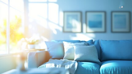 Modern living room with a blue sofa, embodying simplicity and contemporary design.