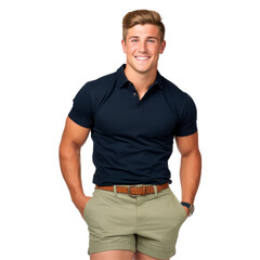Fototapeta premium A man is wearing a blue shirt and khaki shorts. isolated on transparent background