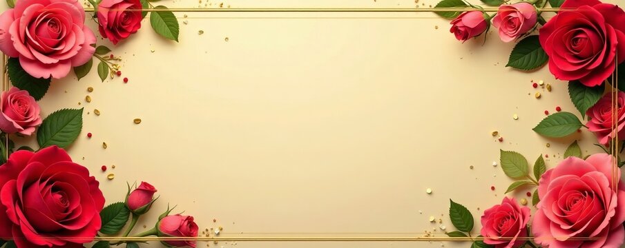 Intricate roses border on golden background for elegant event invitations, roses, invitations