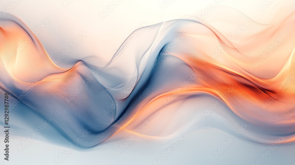 Poster abstract wavy lines in pastel blue and orange tones on a light background, representing fluid motion