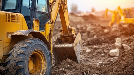 Obraz premium Excavator Working on Construction Site with Dirt and Machinery