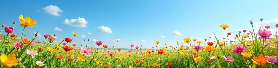 Obraz premium Beautiful field of spring wild flowers under a clear blue sky, beauty, clear sky
