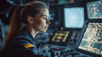 Focused Female Operator Working in High-Tech Control Room