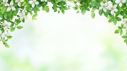 White Blossoms and Green Leaves Frame on Soft Green Background