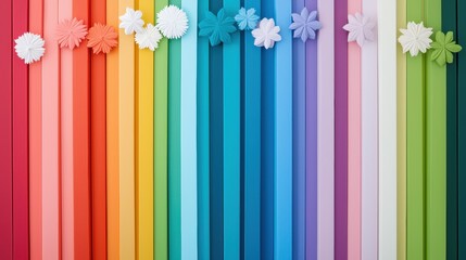 A minimalist abstract painting featuring bold stripes of rainbow colors, arranged in a geometric pattern, evoking feelings of joy, diversity, and inclusivity.