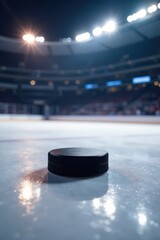 Single black puck rests on gleaming ice, bright stadium lights overhead , shadow, cold