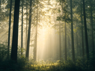 Fototapeta premium sunlit forest scene, where rays of sunlight stream through dense, tall trees, illuminating the lush greenery below.