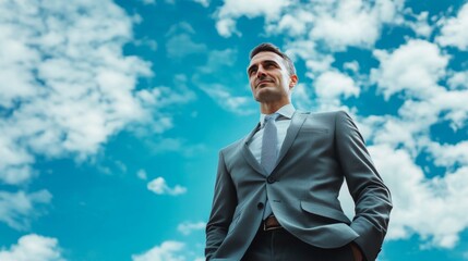 Confident Businessman in Crisp Suit Against Blue Sky Background