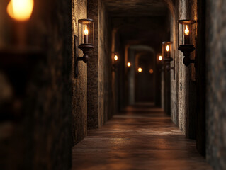 Fototapeta premium dimly lit medieval hallway with flickering lanterns casting shadows on stone walls, creating mysterious atmosphere
