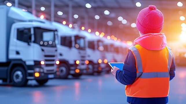 A child in a safety vest watches trucks in a dimly lit warehouse, highlighting themes of logistics and safety.cargo management warehouse scheduling