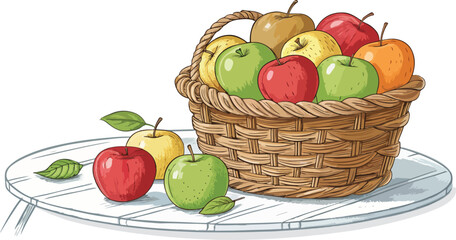 Apples in wicker basket with Apple Slice on table in kitchen vector design, Apple Illustration vector design