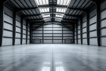 Spacious Industrial Warehouse Interior with Modern Design Featuring High Ceilings and Abundant Natural Light from Skylights