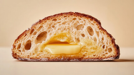 A thick slice of artisanal sourdough bread, toasted to perfection with a golden crust, topped with creamy butter that melts into the surface