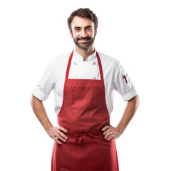 A man in a chef's uniform is smiling and wearing a red apron. isolated on transparent background