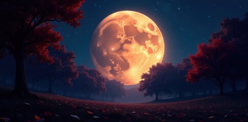 Enormous moon, glowing autumn trees, magical forest, mystic lights, artwork, fall
