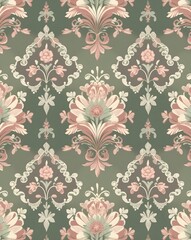 Fototapeta premium Detailed Pink Floral Seamless Pattern with Vintage Lace Accents, Soft Gray Background, Ideal for Luxurious Home Accents