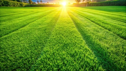 Lush green grassy lawn with dense blades in top view under clear sky and warm sunlight