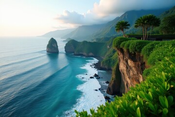 Dramatic cliffside view overlooking Bali's coast , sea, clouds