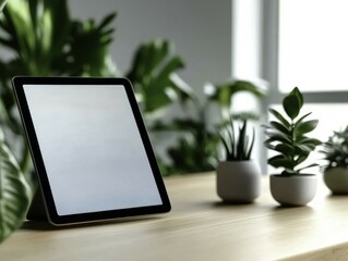 A sleek tablet rests on a wooden table surrounded by lush green plants, creating a serene and modern workspace ambiance.