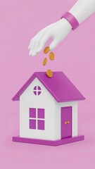 Hand Inserting Coins Into Colorful Model House on Pink Background for Financial Concepts