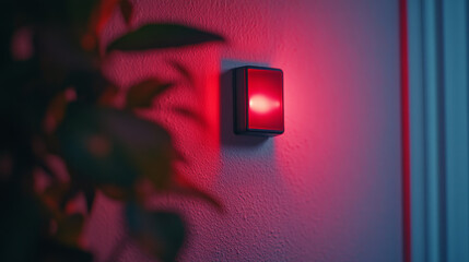 Smart home security system with red indicator light on wall