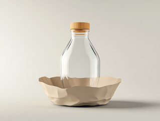 Eco friendly glass bottle with wooden cap on textured base