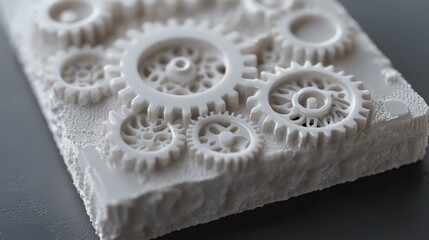 White gears mechanism, 3D printed, textured base, engineering concept, industrial design