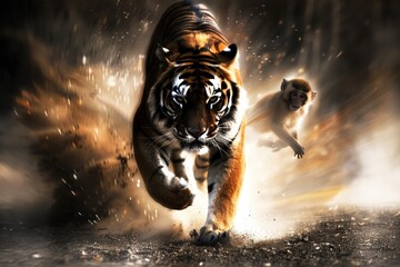 A majestic tiger charges forward with intense focus, while a smaller monkey scampers in the background, set against a dynamic, blurred environment.