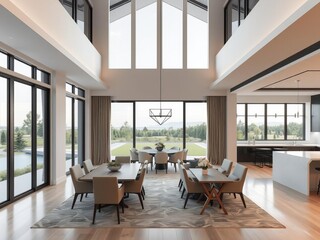 Fototapeta premium Luxurious living room in modern home with open concept layout, showcasing kitchen, dining area, and expansive windows overlooking stunning exterior view, open concept, luxury