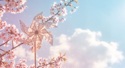 Delicate Cherry Blossom Pinwheel Serene against Blue Sky with Copy Space