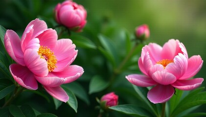 Fototapeta premium Beautiful pink peony blossoms with lush green leaves, perfect for wedding decor or nature backdrop, flowers, pink, garden