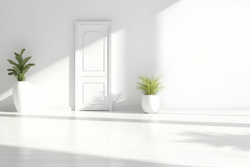 Minimalist Interior Space with Sunlit Plants and a White Door in a Bright Room