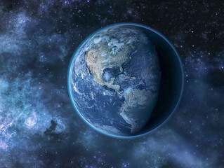 In the vastness of space, a radiant blue Earth is suspended, softly glowing amidst a backdrop of shimmering stars and deep blue celestial wonders. The scene evokes a sense of wonder and exploration