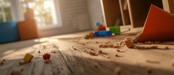 cozy playroom with scattered toys and warm sunlight glow, evoking childhood memories