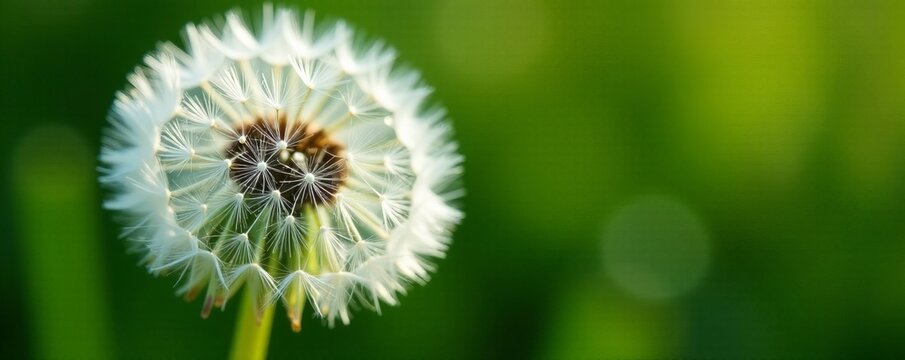 Macro shot of a dandelion seed head with fluffy white airborne seeds, seed head, seeds