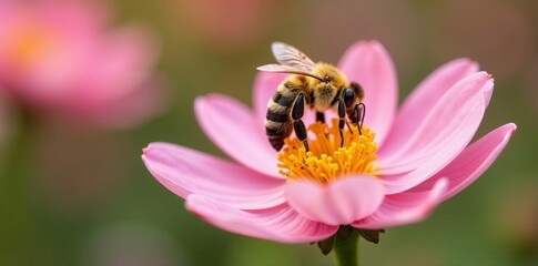 Fototapeta premium Macro shot of a honeybee collecting pollen on a pastel blossom, petal, close-up, macro