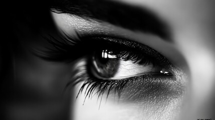 Fototapeta premium Close-up of a woman's eye with long lashes, soft light, blurred background, conveying quiet introspection.