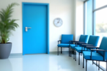 Fototapeta premium Modern Waiting Room with Blue Chairs and Bright Walls Featuring A Stylish Plant and Clock