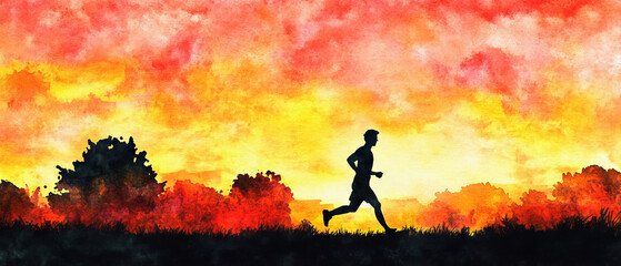 Fototapeta premium man jogging in park at sunrise, surrounded by vibrant colors and silhouettes