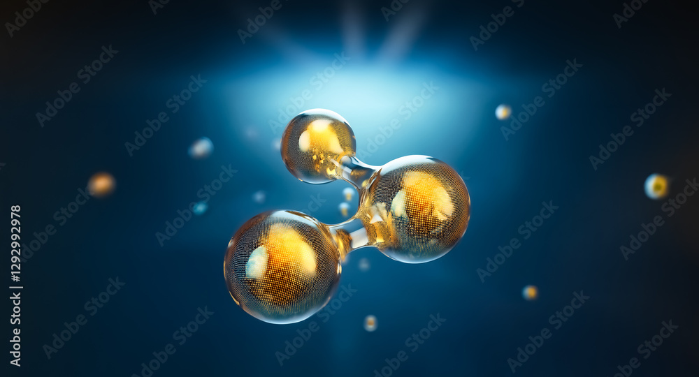 Poster a golden molecular structure with three connected spheres floats against a dark blue background illu