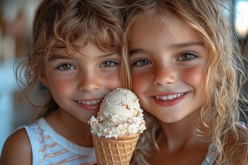 Two kids sharing an ice cream on a summer day, their faces filled with happiness