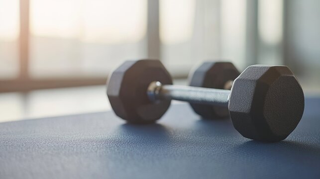 Dumbbells on a yoga mat, symbolizing focus and strength in fitness.
