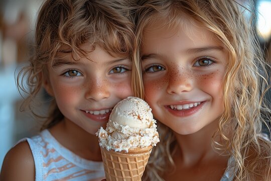 Two kids sharing an ice cream on a summer day, their faces filled with happiness