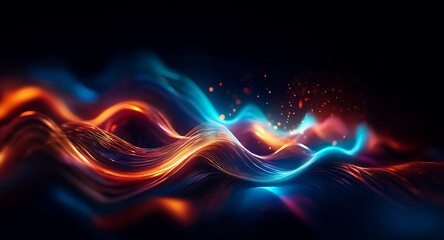 Fototapeta premium Abstract flowing waves of vibrant orange and blue hues illuminate against a dark backdrop. The dynamic and glowing lines create a sense of energy and motion in a modern style.