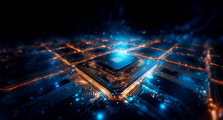 A luminous microchip dominates the image's center, radiating bright blue and orange light. Intricate lines of a circuit board extend outwards, suggesting advanced digital technology and electronic inn