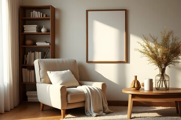 Cozy Living Room Interior Featuring Comfortable Armchair, Wooden Shelf, and Minimalist Decor Bathed in Warm Sunlight