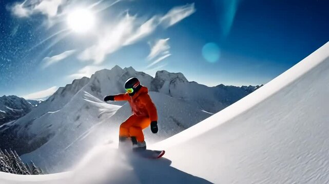 Dynamic video still of a snowboarder mid-jump, captured from a low angle. Bright, clear sky and snowy mountains enhance the action-packed scene.