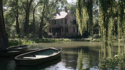 Fototapeta premium serene village scene by river features historic house surrounded by lush greenery and boats